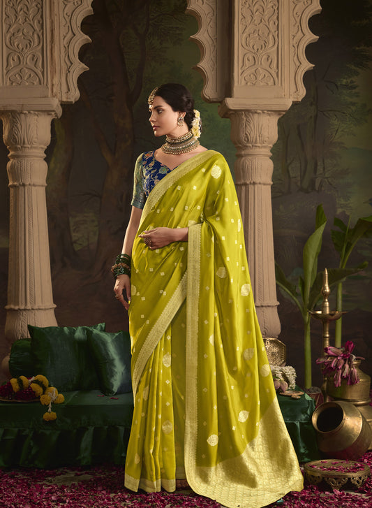 Mehendi Green Crepe Dola Silk Weaving Sinduri Raas Saree
