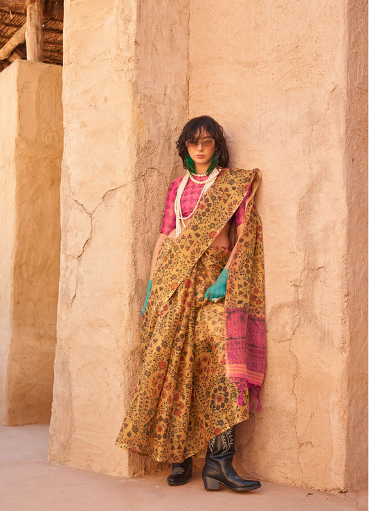 Pale Yellow Komet Printed Zari Handloom Tissue Saree