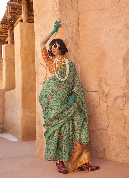 Green Komet Printed Zari Handloom Tissue Saree