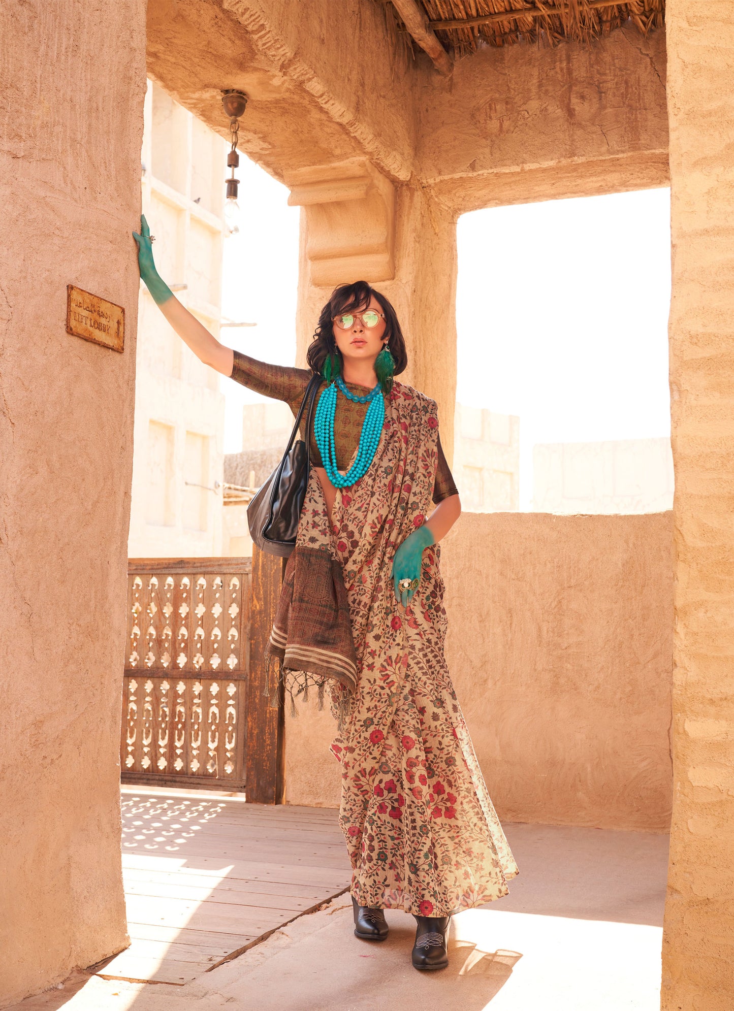 Beige Komet Printed Zari Handloom Tissue Saree