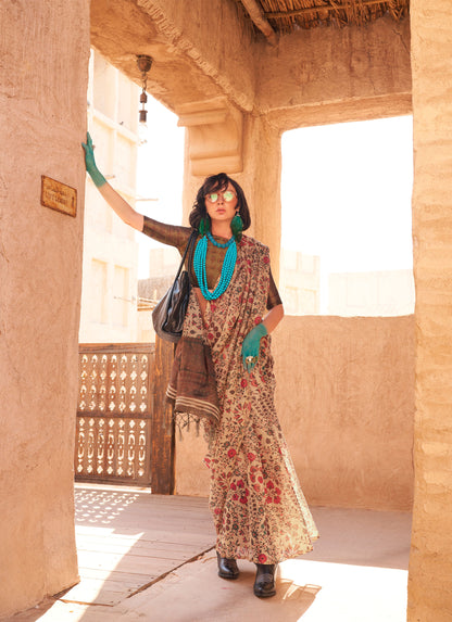 Beige Komet Printed Zari Handloom Tissue Saree