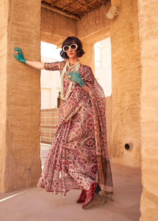 Sandy Beige Komet Printed Zari Handloom Tissue Saree