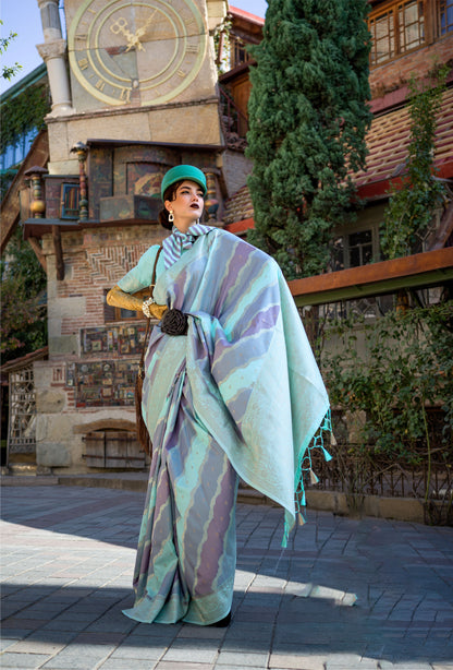 Light Green Kimbus Katan Silk Rangkaat Handloom Saree