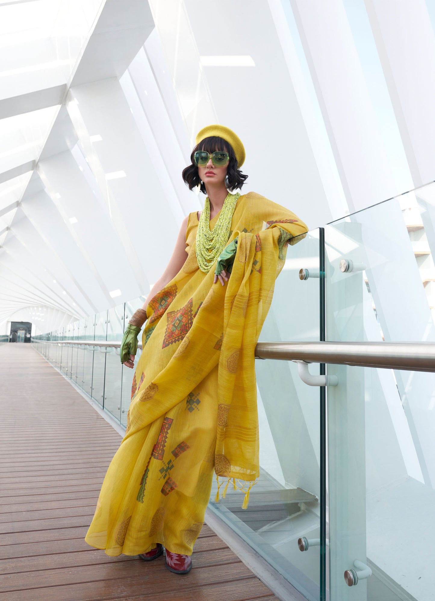 Yellow Kroma Zari Tissue handwoven Printed Silk Saree