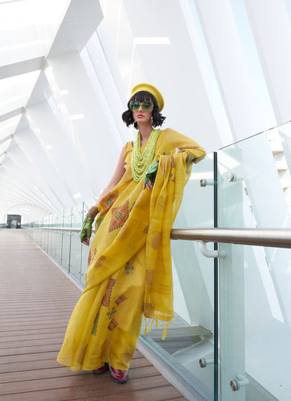 Yellow Kroma Zari Tissue handwoven Printed Silk Saree