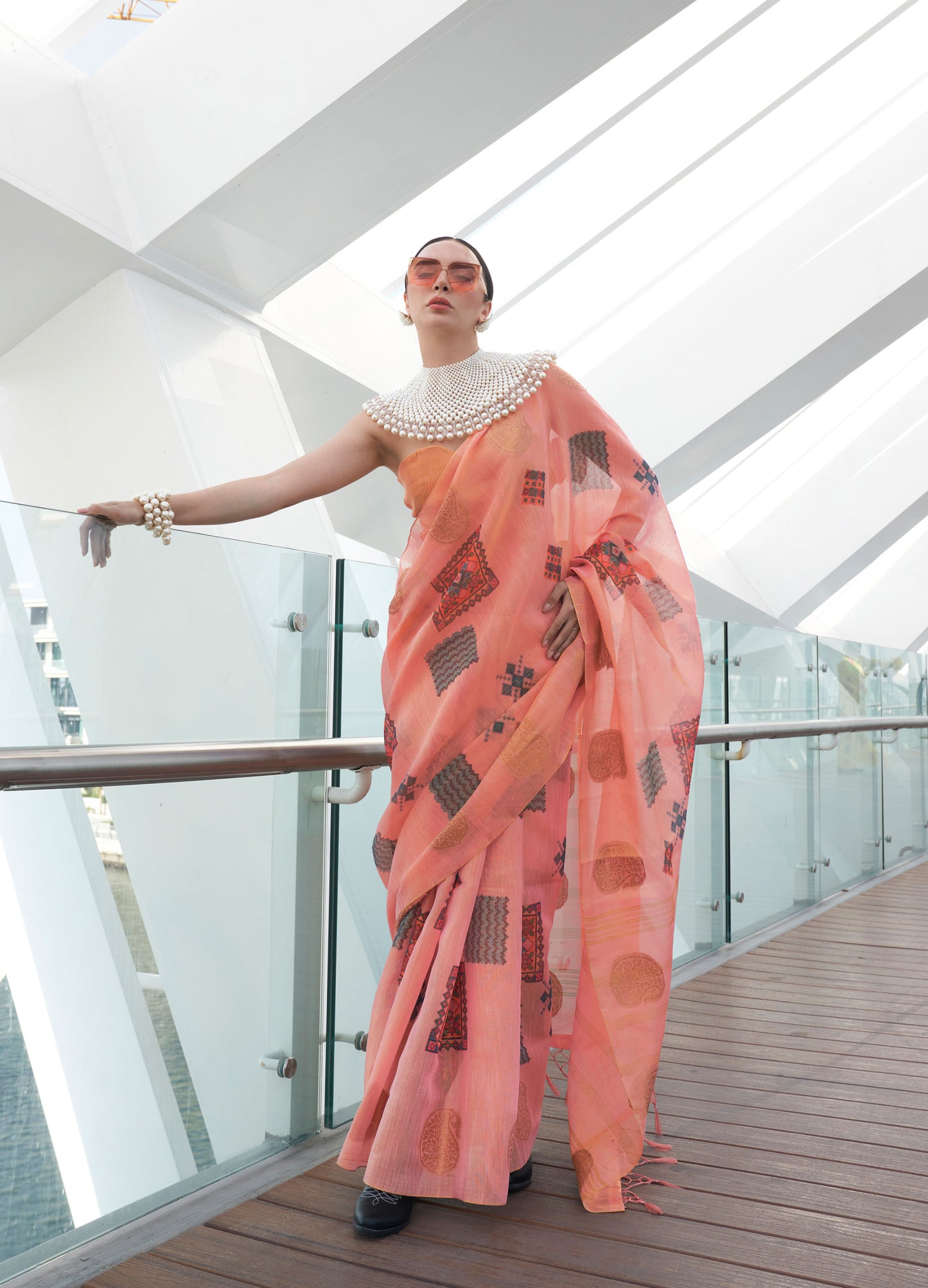 Peach Kroma Zari Tissue handwoven Printed Silk Saree