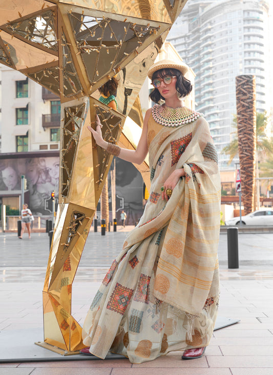 Beige Kroma Zari Tissue handwoven Printed Silk Saree