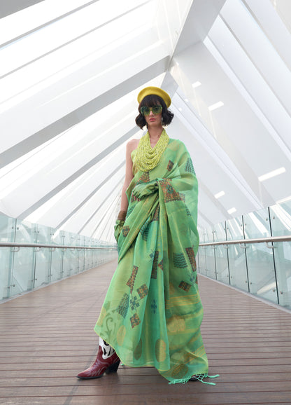 Mint Green Kroma Zari Tissue handwoven Printed Silk Saree