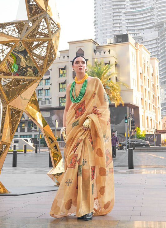 Pale Orange Kroma Zari Tissue handwoven Printed Silk Saree