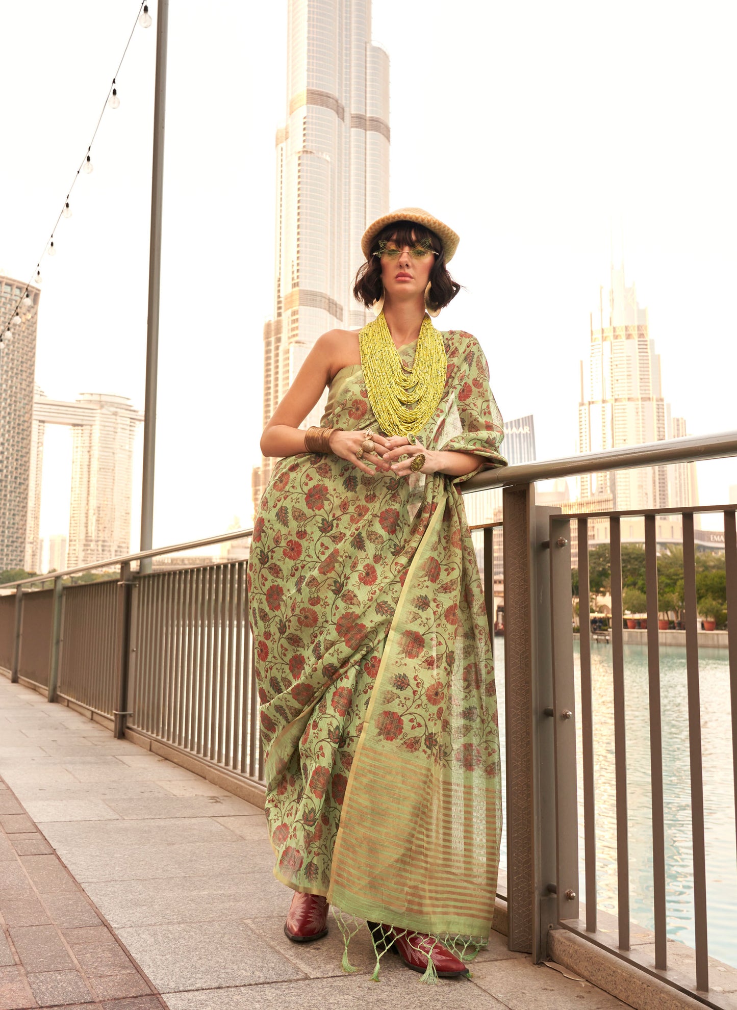 Olive Green Keeyah Printed Handloom Zari Tissue Saree