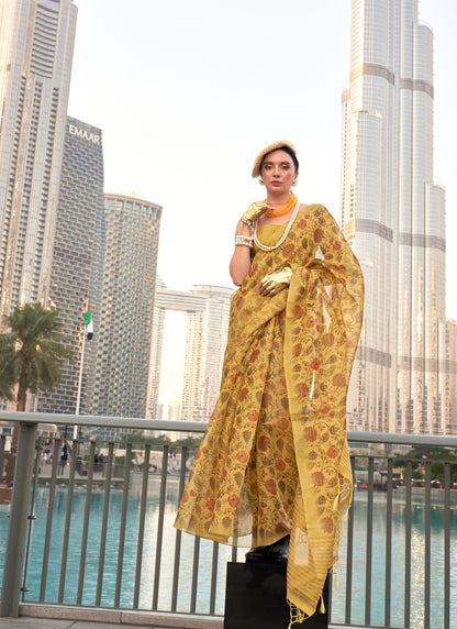 Yellow Keeyah Printed Handloom Zari Tissue Saree