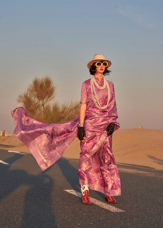 Lavender Kikigai Printed Tussar Silk Saree