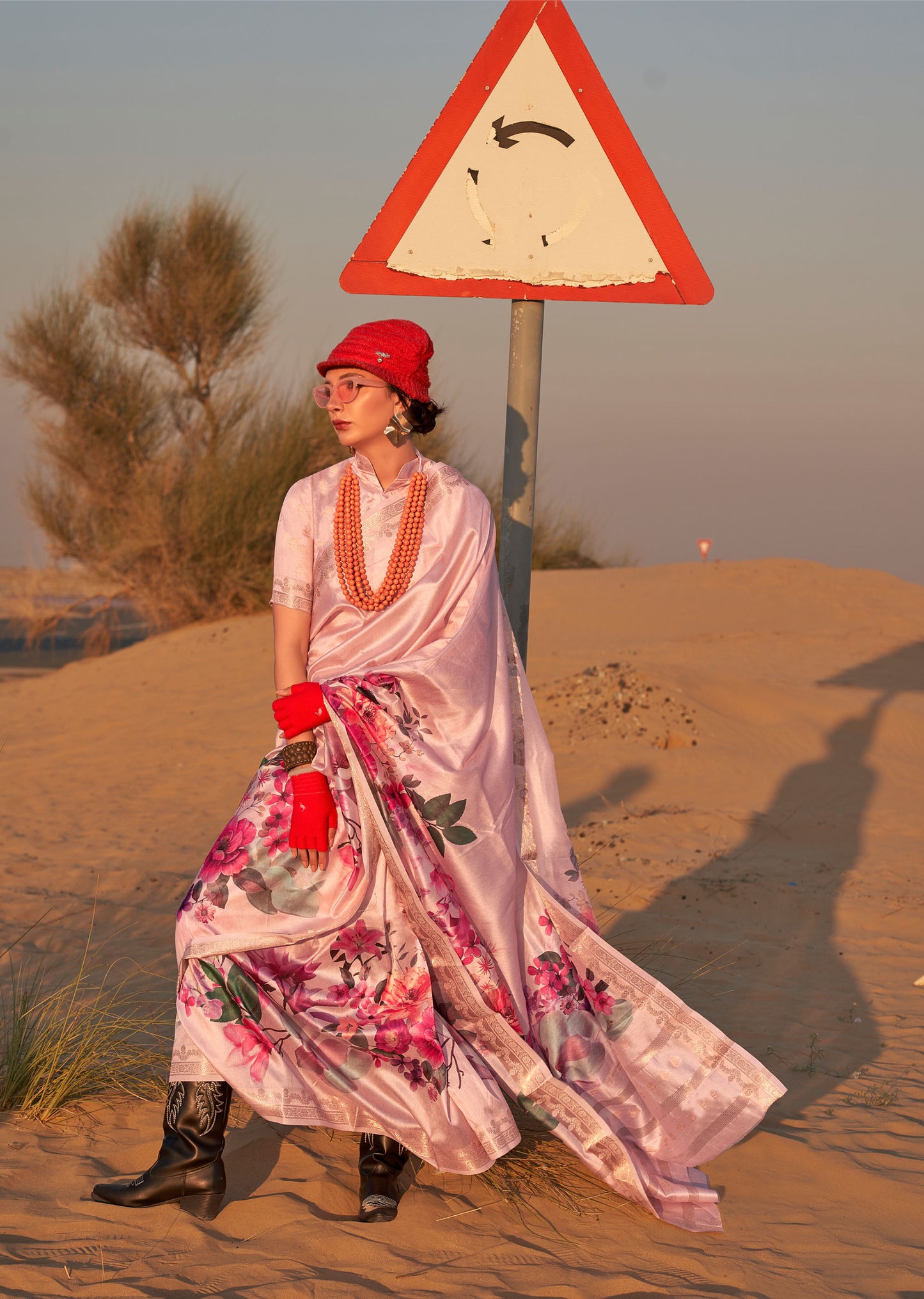 Cream Kikigai Printed Tussar Silk Saree