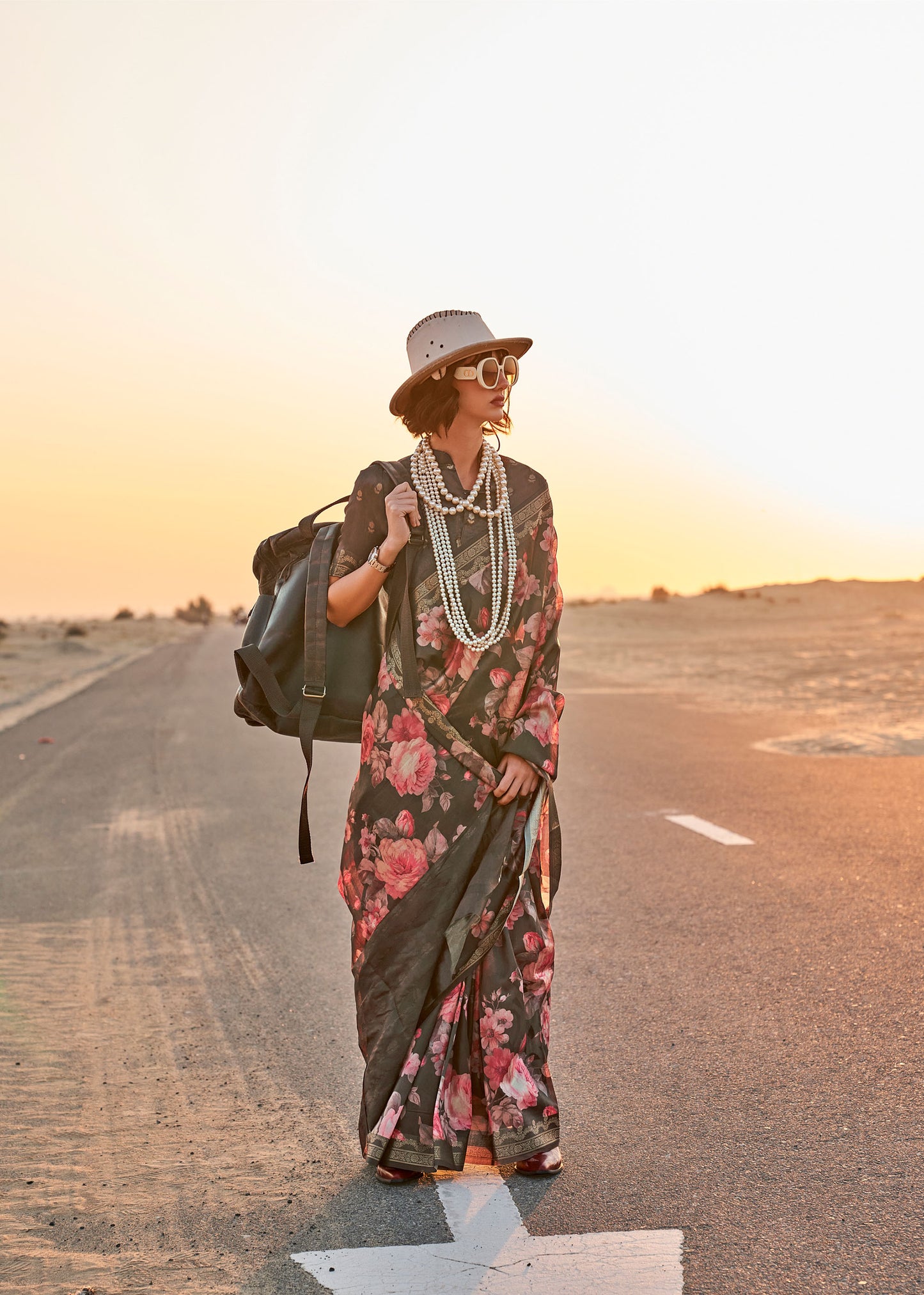 Brown Kikigai Printed Tussar Silk Saree