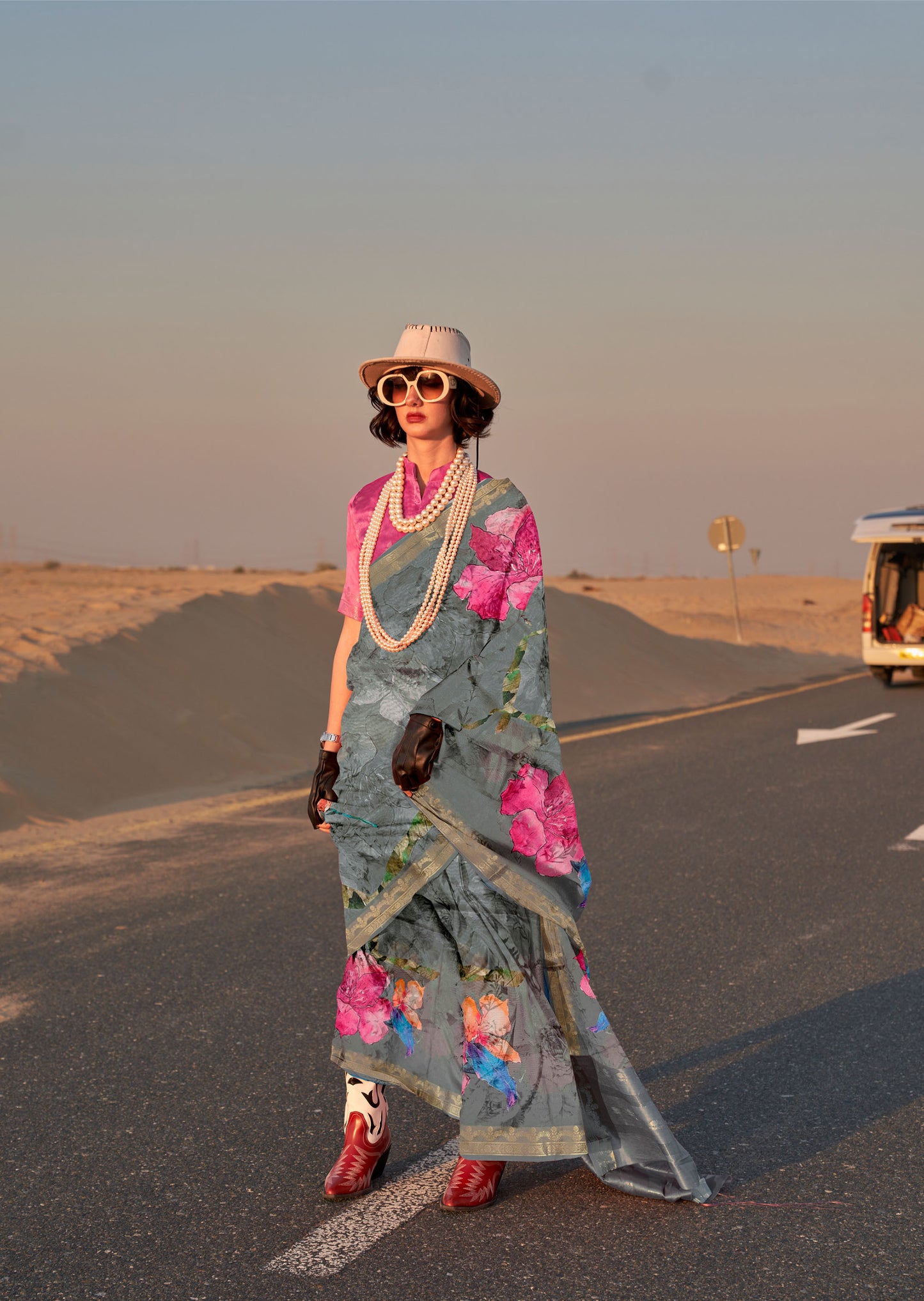 Grey Kikigai Printed Tussar Silk Saree