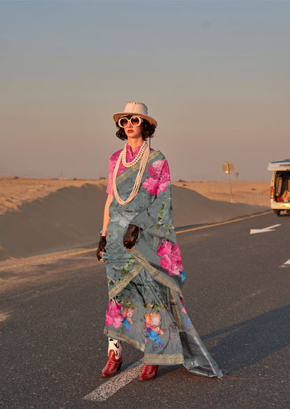Grey Kikigai Printed Tussar Silk Saree