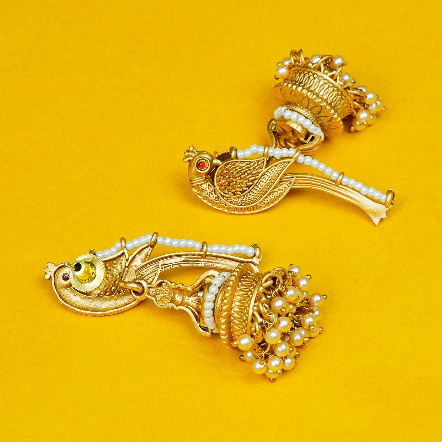 Zevar Club 18K Gold-Plated Bird Motif Ethnic Jhumka Earrings with White Pearl Beads & Dome Drop