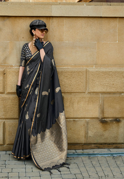 Black Kanthkala Pure Satin Handloom Silk Saree