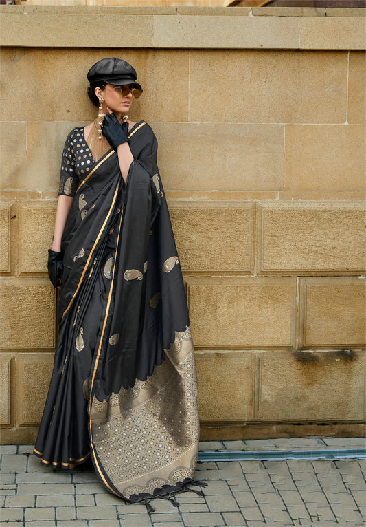 Black Kanthkala Pure Satin Handloom Silk Saree