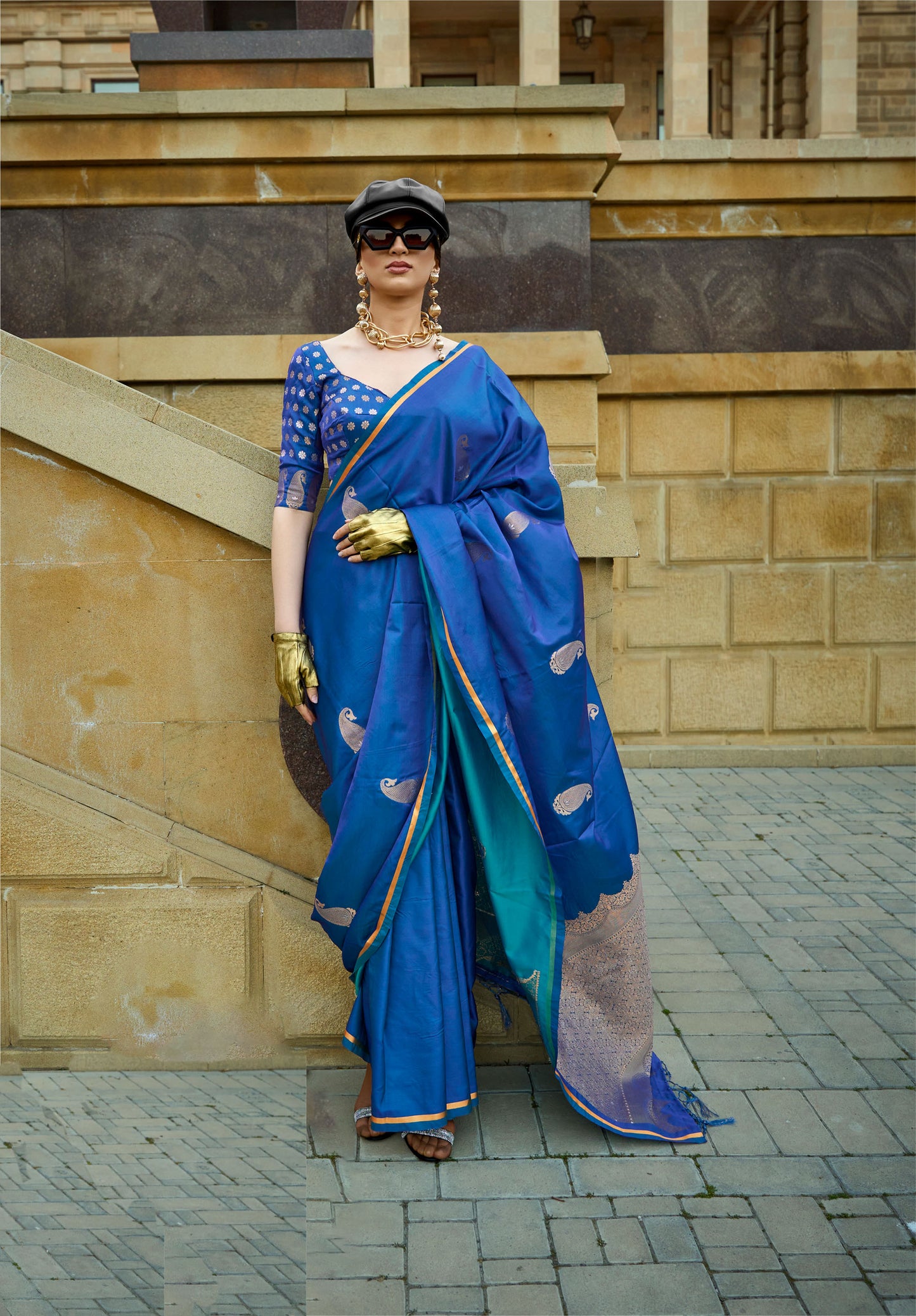 Ocean Blue Kanthkala Pure Satin Handloom Silk Saree