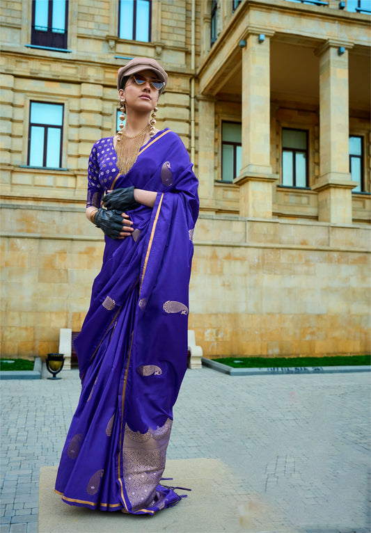 Royal Blue Kanthkala Pure Satin Handloom Silk Saree
