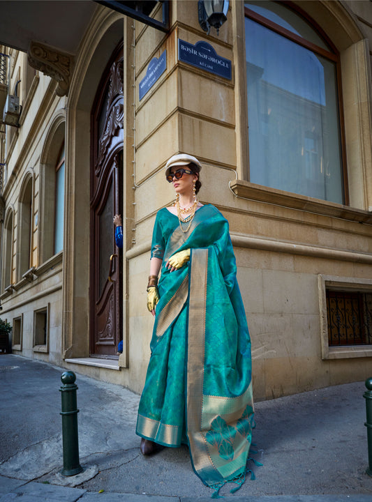 Teal Green Kalki Handwoven Two tone organza saree