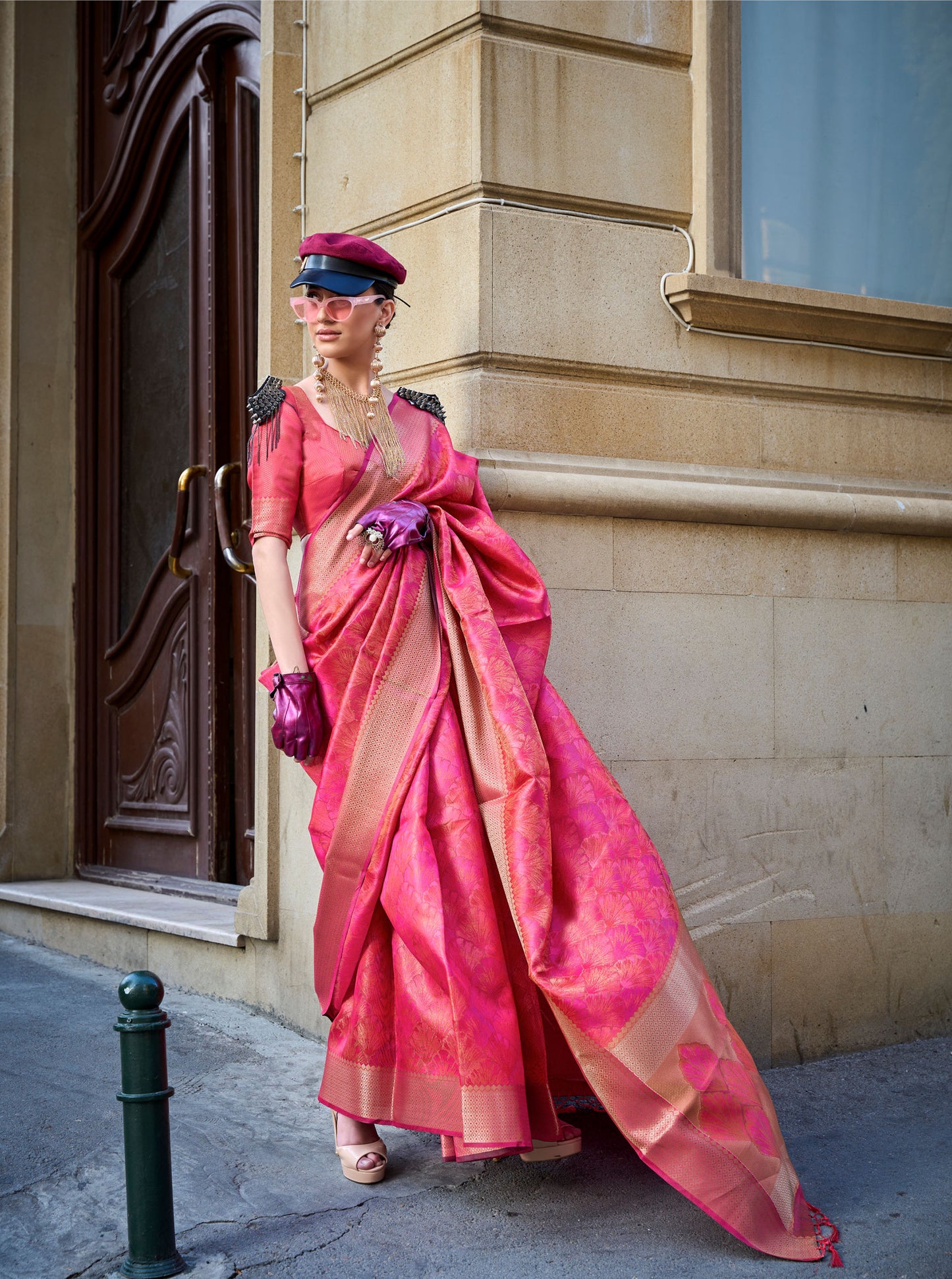 Pink Kalki Handwoven Two tone organza saree