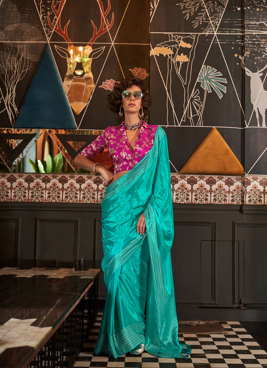 Turquoise Konditori Pure Viscose Handloom Saree