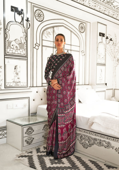 Maroon Kajarkh Printed Ajrakh Satin Saree