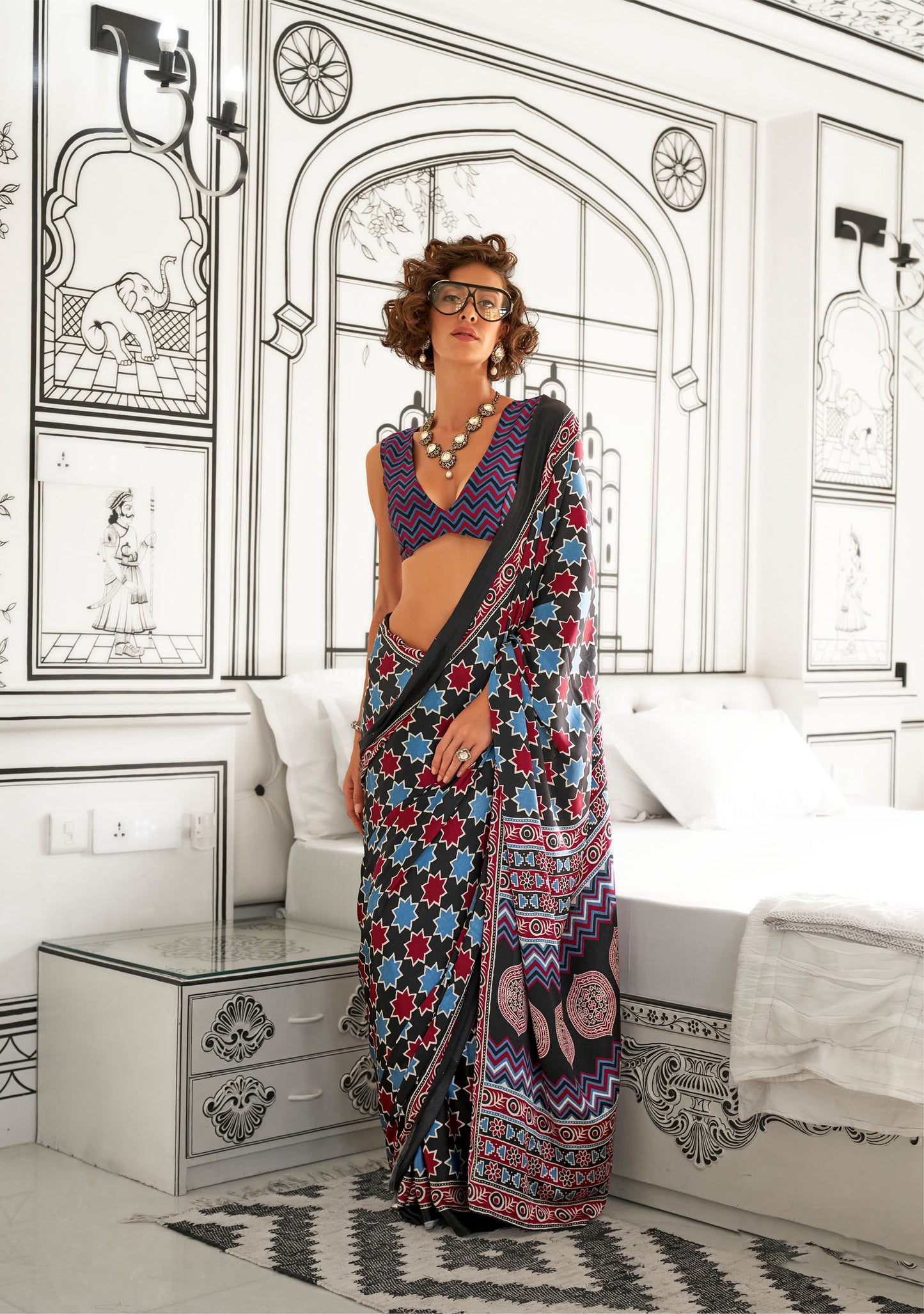 Blue red Kajarkh Printed Ajrakh Satin Saree