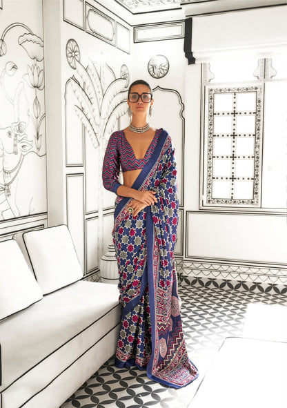 Dark Blue Kajarkh Printed Ajrakh Satin Saree