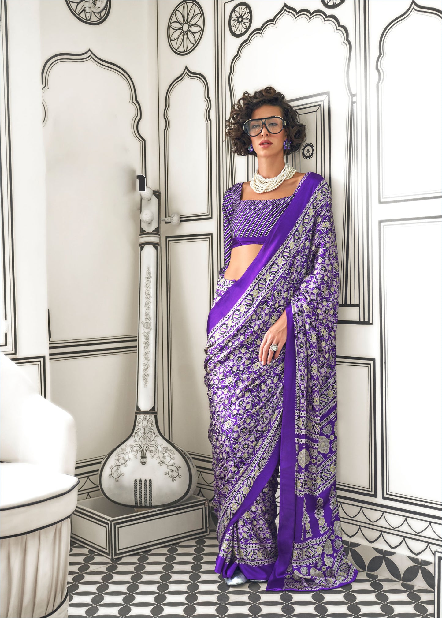 Violet Kajarkh Printed Ajrakh Satin Saree