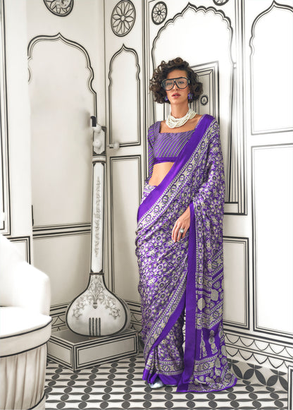 Violet Kajarkh Printed Ajrakh Satin Saree