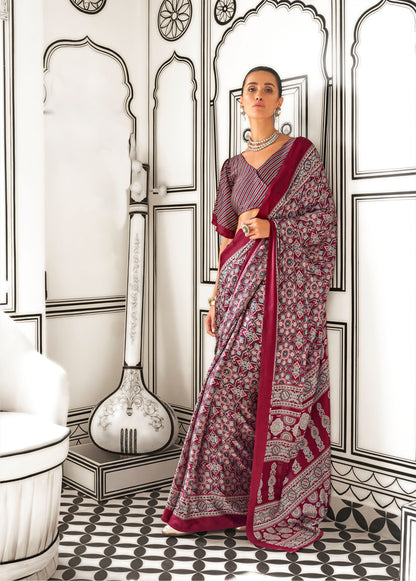 Ruby Red Kajarkh Printed Ajrakh Satin Saree