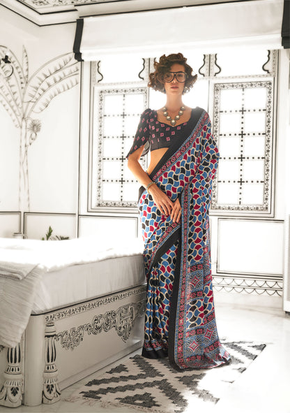 Charcoal Black Kajarkh Printed Ajrakh Satin Saree