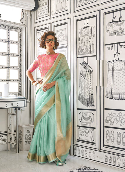 Turquoise Green Knoorie Moss Chiffon Handloom Saree