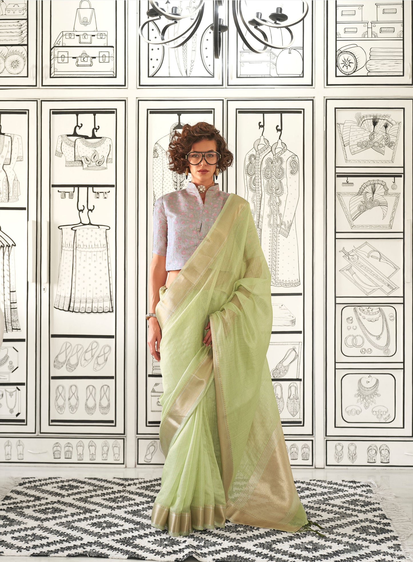 Pista Green Knoorie Moss Chiffon Handloom Saree