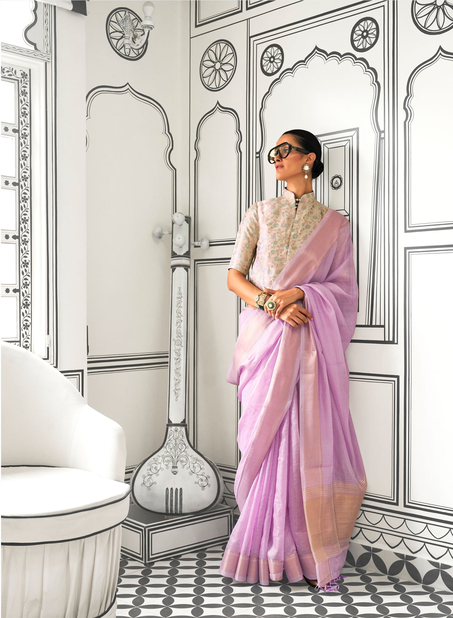Lavender Knoorie Moss Chiffon Handloom Saree