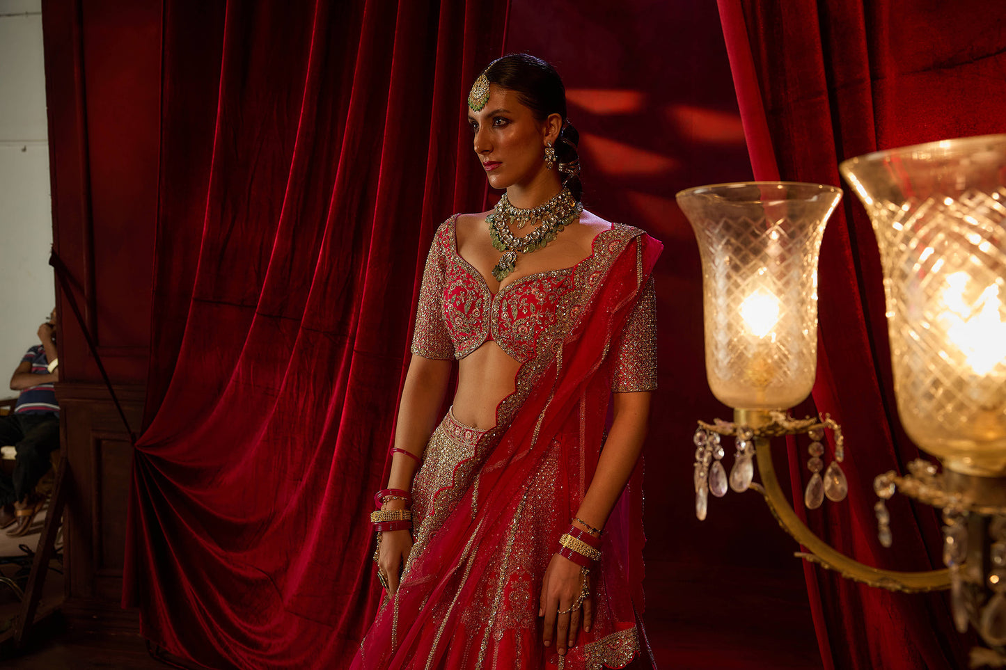 Cherry Red Raw Silk Hand & Machine Embroidered Lehenga Set