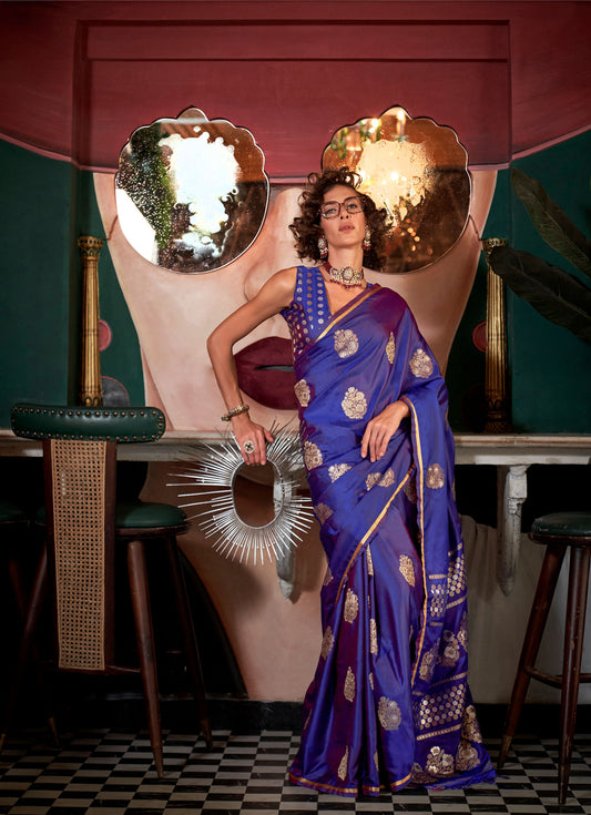 Majestic Purple Kanthkala Topaz Pure Satin Handloom Saree