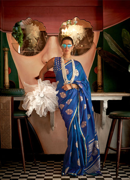 Royal Blue Kanthkala Topaz Pure Satin Handloom Saree