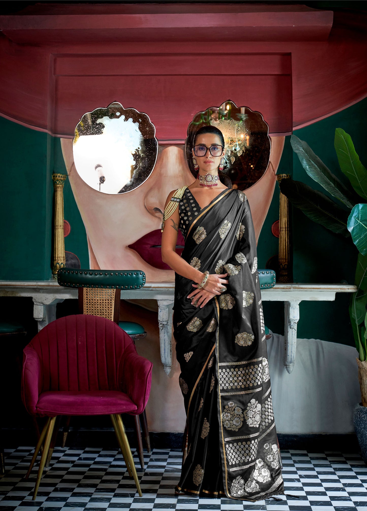 Black Kanthkala Topaz Pure Satin Handloom Saree