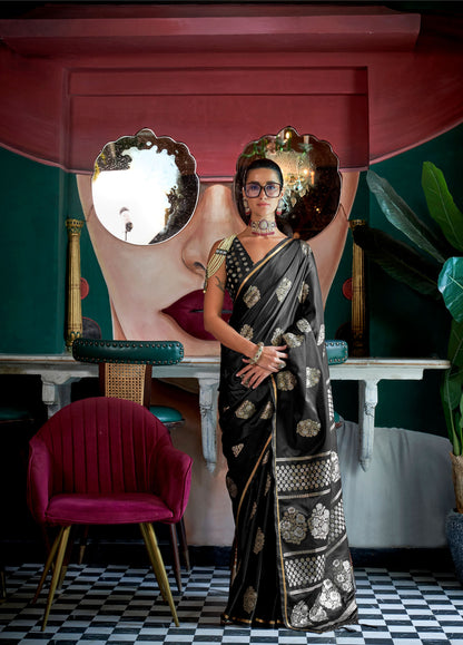 Black Kanthkala Topaz Pure Satin Handloom Saree