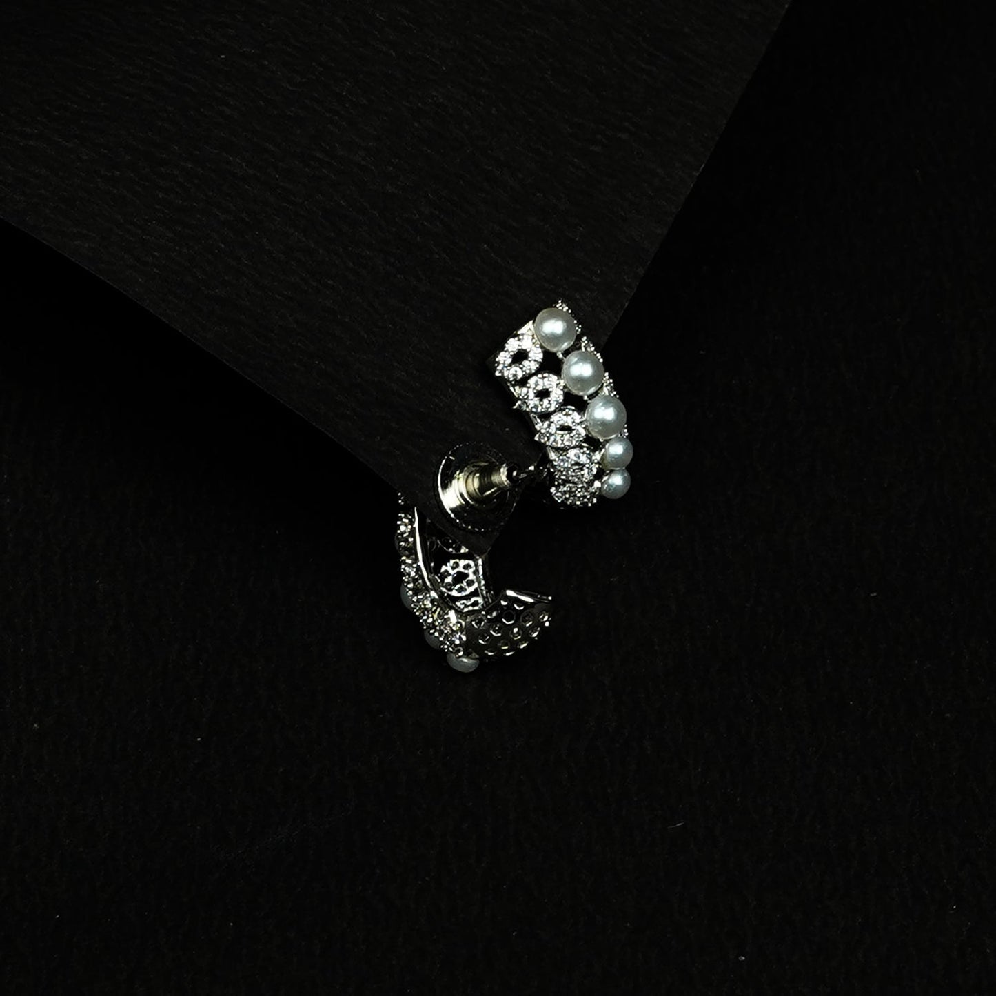 Zevar Club Rhodium-Plated Handcrafted Cubic Zirconia & Pearl Studded Huggie Hoop Earrings