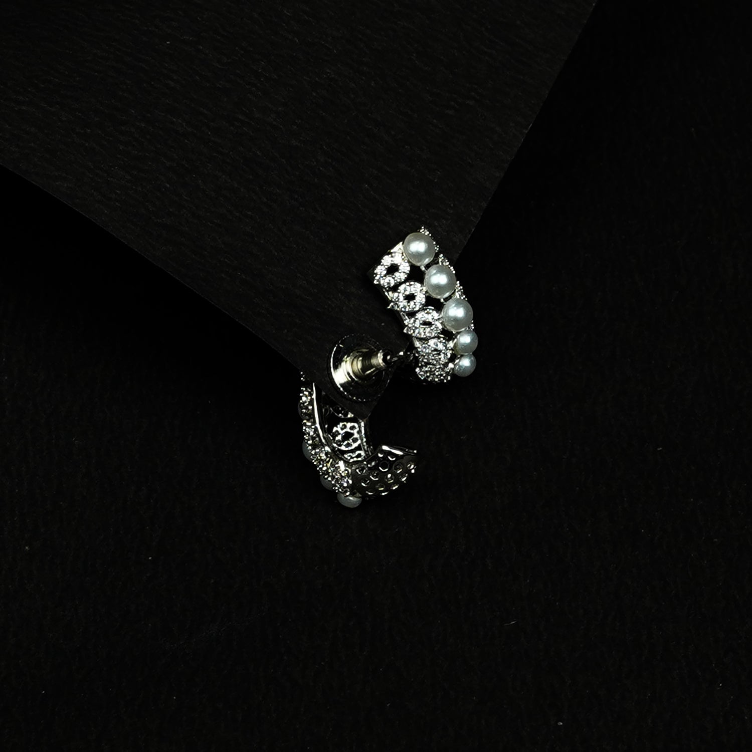 Zevar Club Rhodium-Plated Handcrafted Cubic Zirconia & Pearl Studded Huggie Hoop Earrings