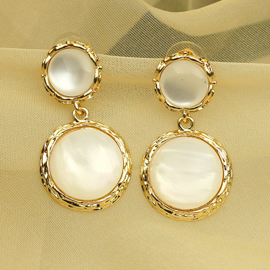 Zevar Club Gold Tone Glossy White Pearl-Textured Double Circle Drop Earrings for Women