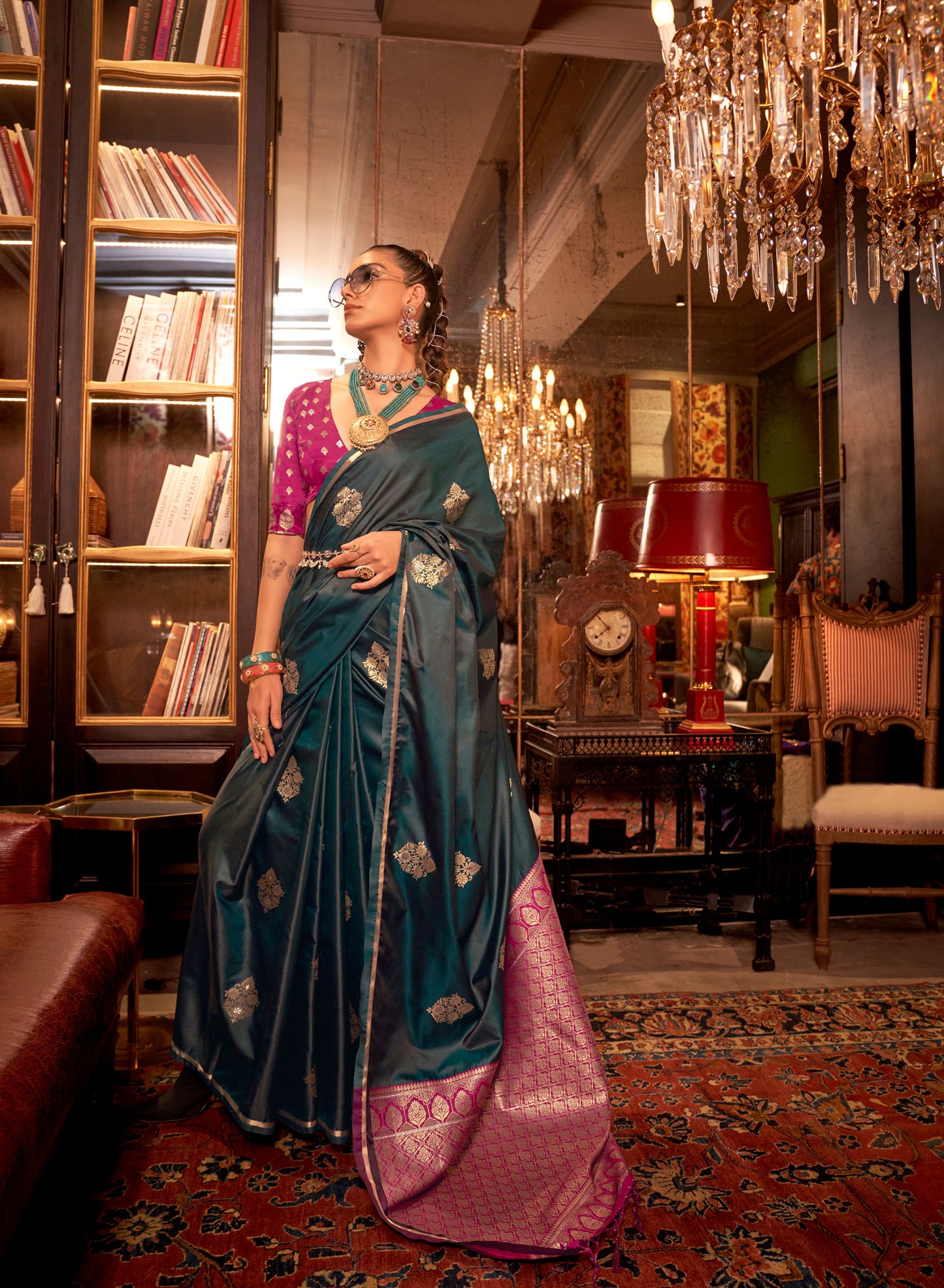 Forest Green Kanthkala Luxe Satin Handloom saree