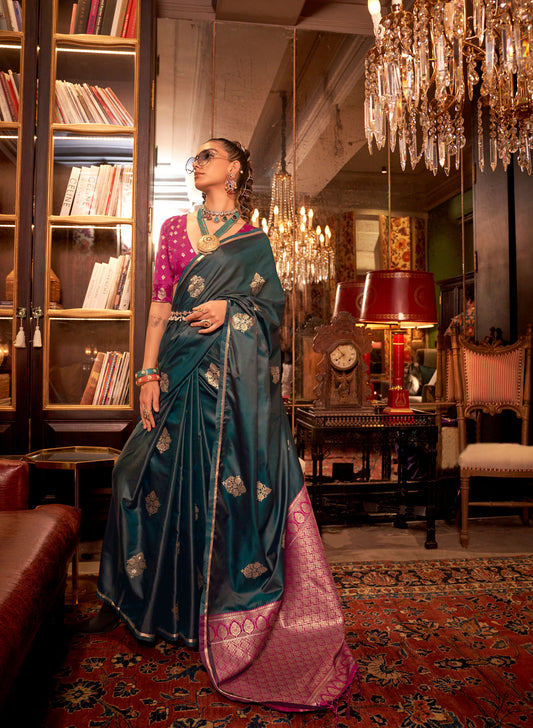 Forest Green Kanthkala Luxe Satin Handloom saree