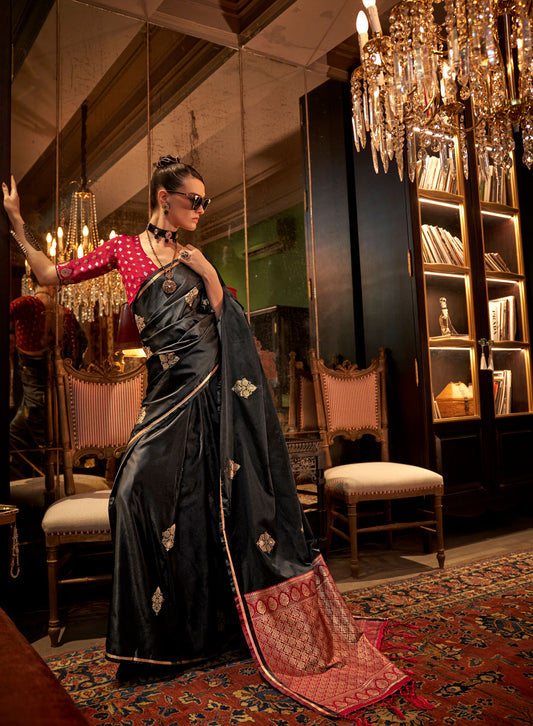 Black Kanthkala Luxe Satin Handloom saree