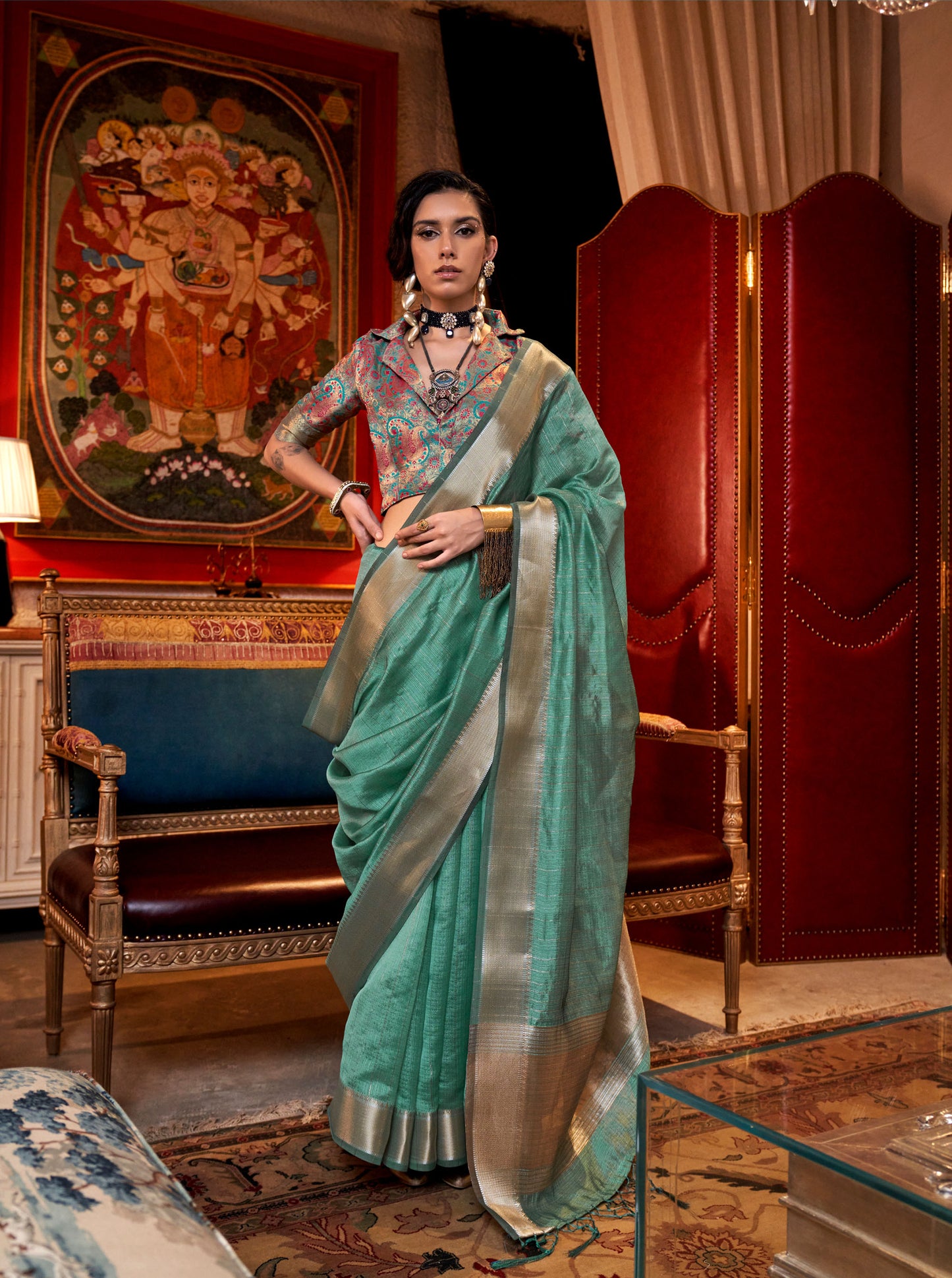 Teal Green Knoorie Moss chiffon Seasons saree